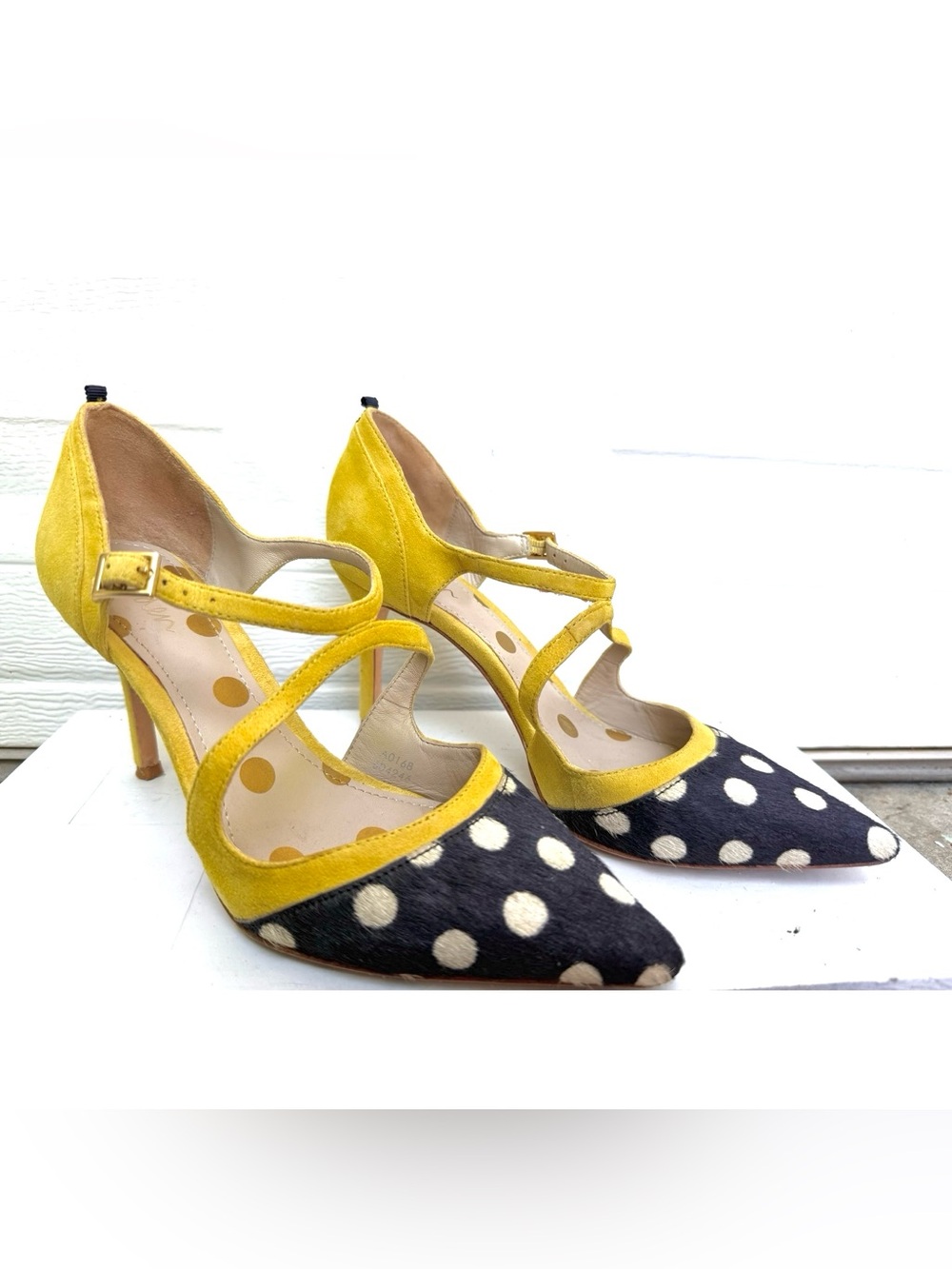 Boden Trisha Yellow Suede w/ White Navy Polkadot Heels 3.5” Shoe Sz 38 US W 7